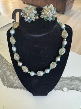 Alice Caviness Vintage Faux Pearl & Green Accent Necklace & Clip-ons Set